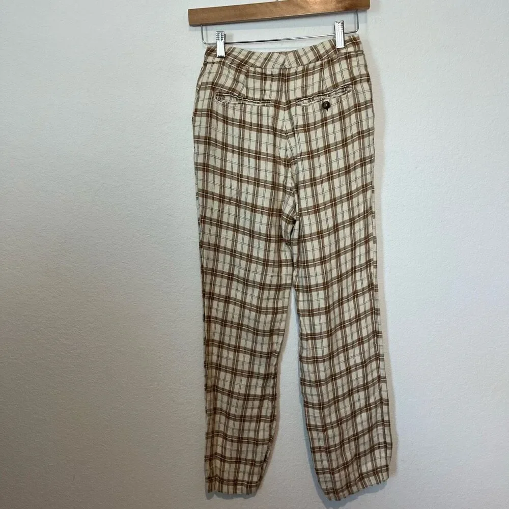 Reformation Verano Beige Plaid Cropped High Waisted Pants Women's Size 2